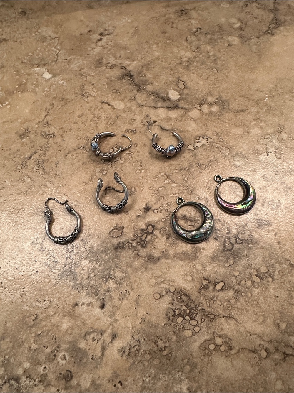 Silver-Tone Abalone Hoop Earrings Set - Iridescent Green Accents and two others